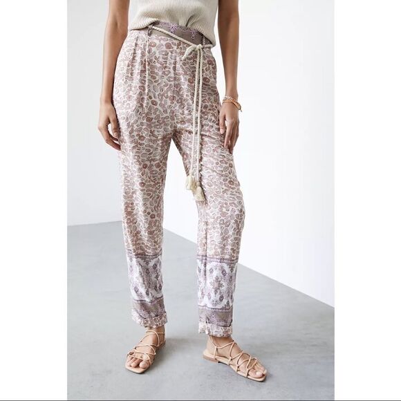 NEW Anthropologie Ollari Tasseled Paisley Mauve Belted Tapered Pants Medium - Picture 3 of 6